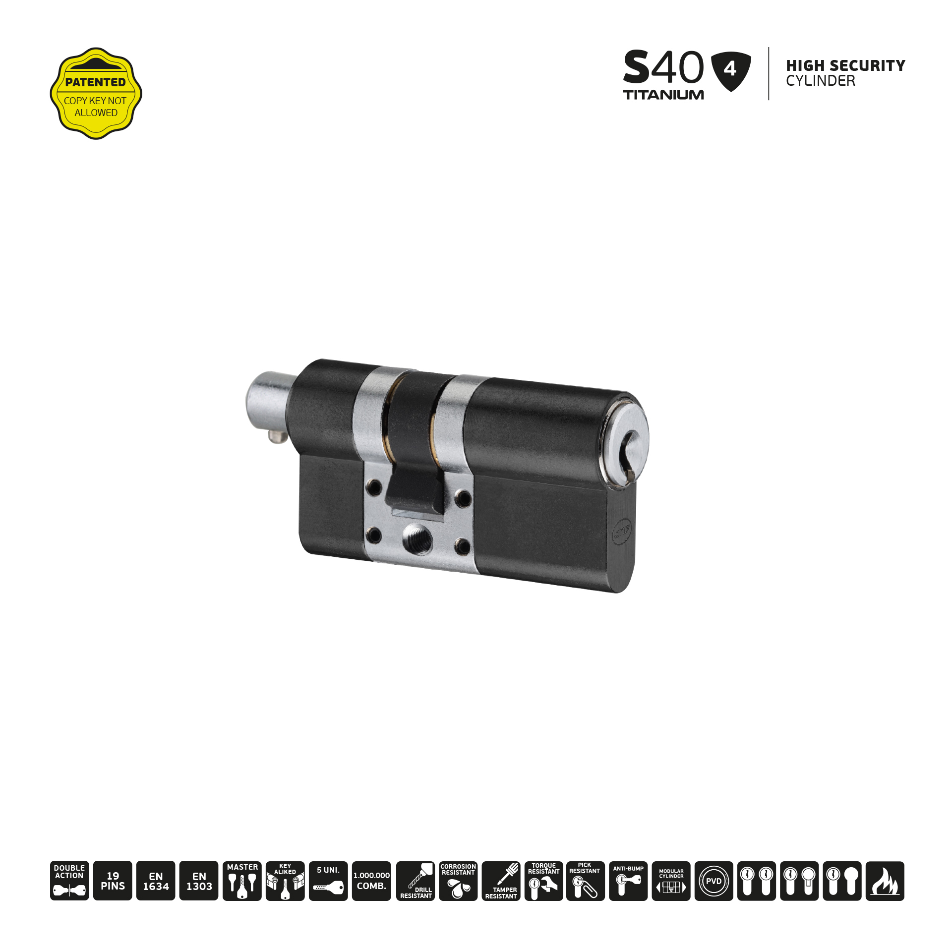 Cilindro de alta segurança IN.19.S40.10.30.SB.TB PVD Titanium Black