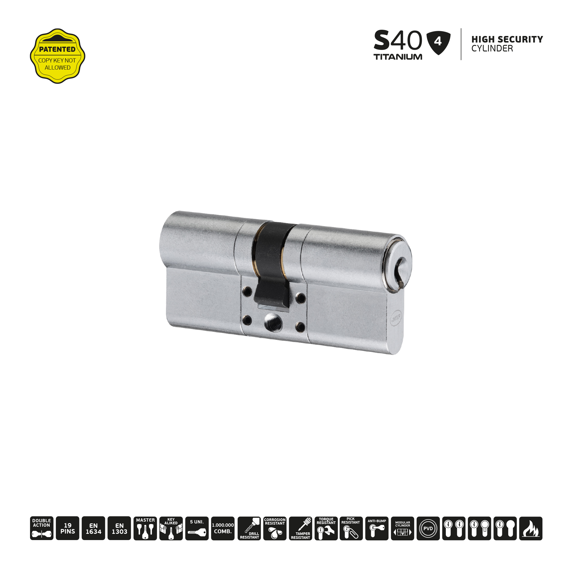 Cilindro de alta segurança IN.19.S40.120 Satinado