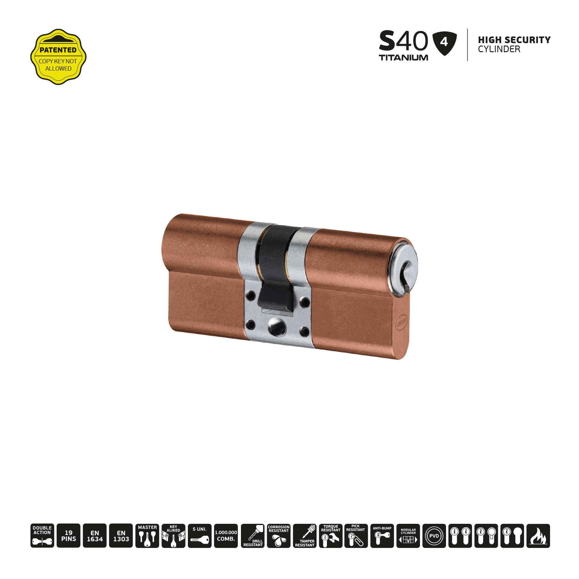 Cilindro de alta segurança IN.19.S40.30.50.TCO PVD Titanium Copper