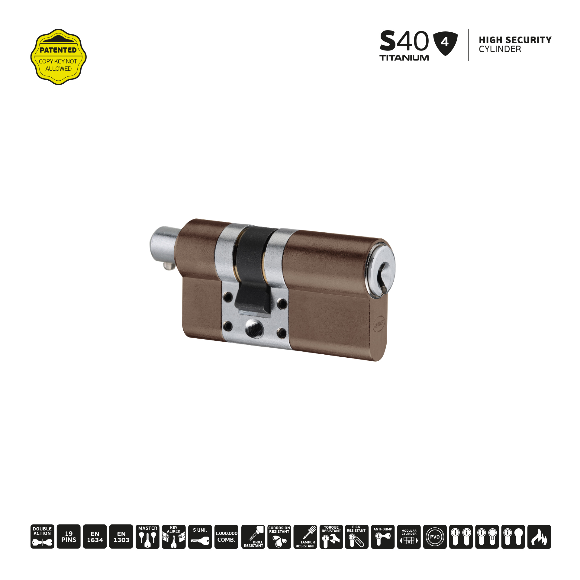 Cilindro de alta segurança IN.19.S40.10.45.SB.TCH PVD Titanium Chocolate