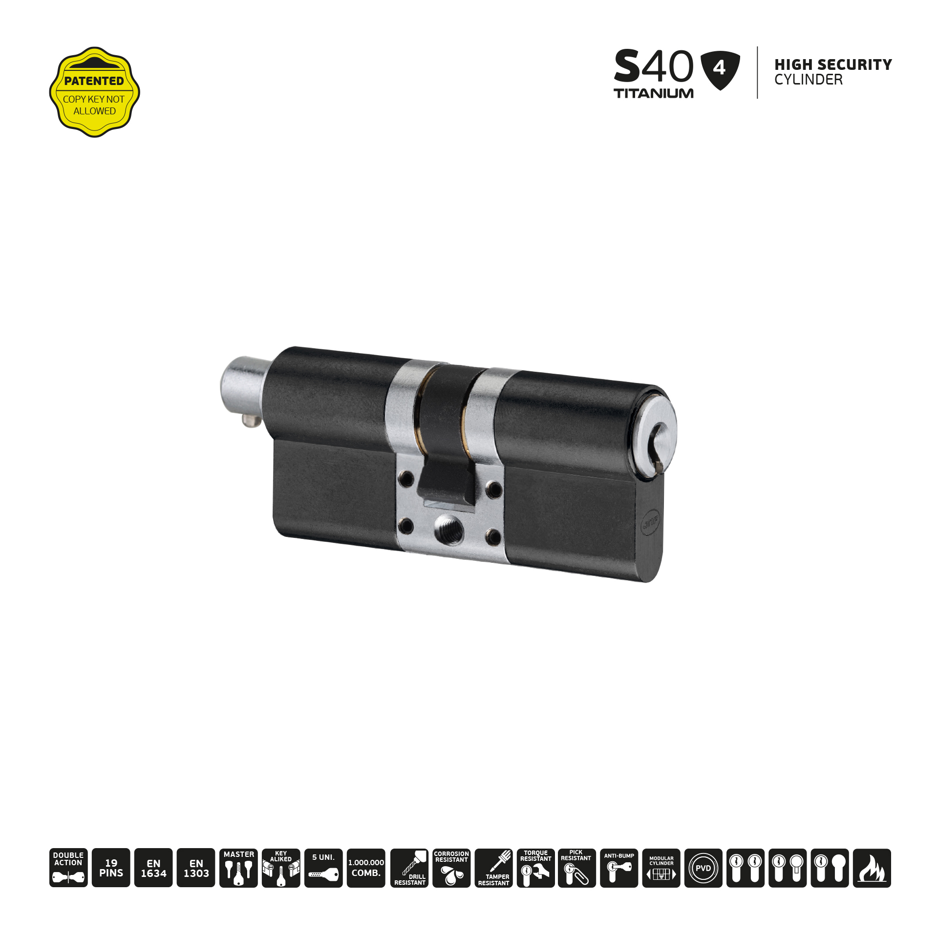 Cilindro de alta segurança IN.19.S40.30.40.SB.TB PVD Titanium Black